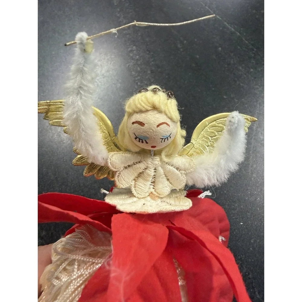 Vtg Handmade Christmas Angel Ornament Poinsettia Sequins Yarn Hair Gold Wings 6
